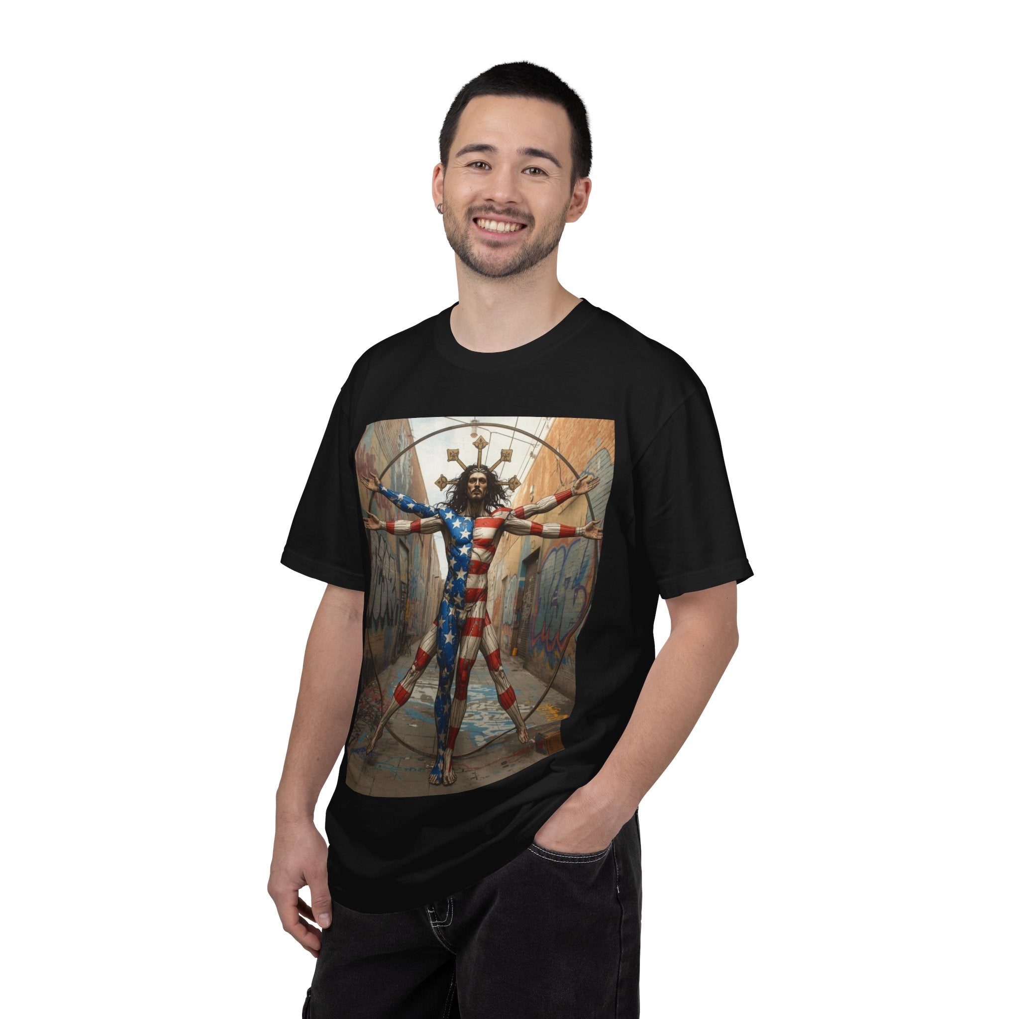 Patriotic Vitruvian Man T-Shirt — American Super Hero Flag Art Tee