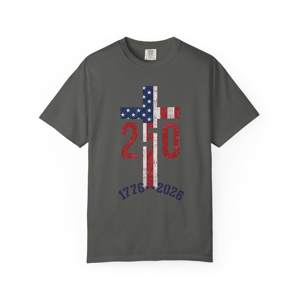250th Anniversary Patriotic T-Shirt — 1776–2026 American Flag Cross Design