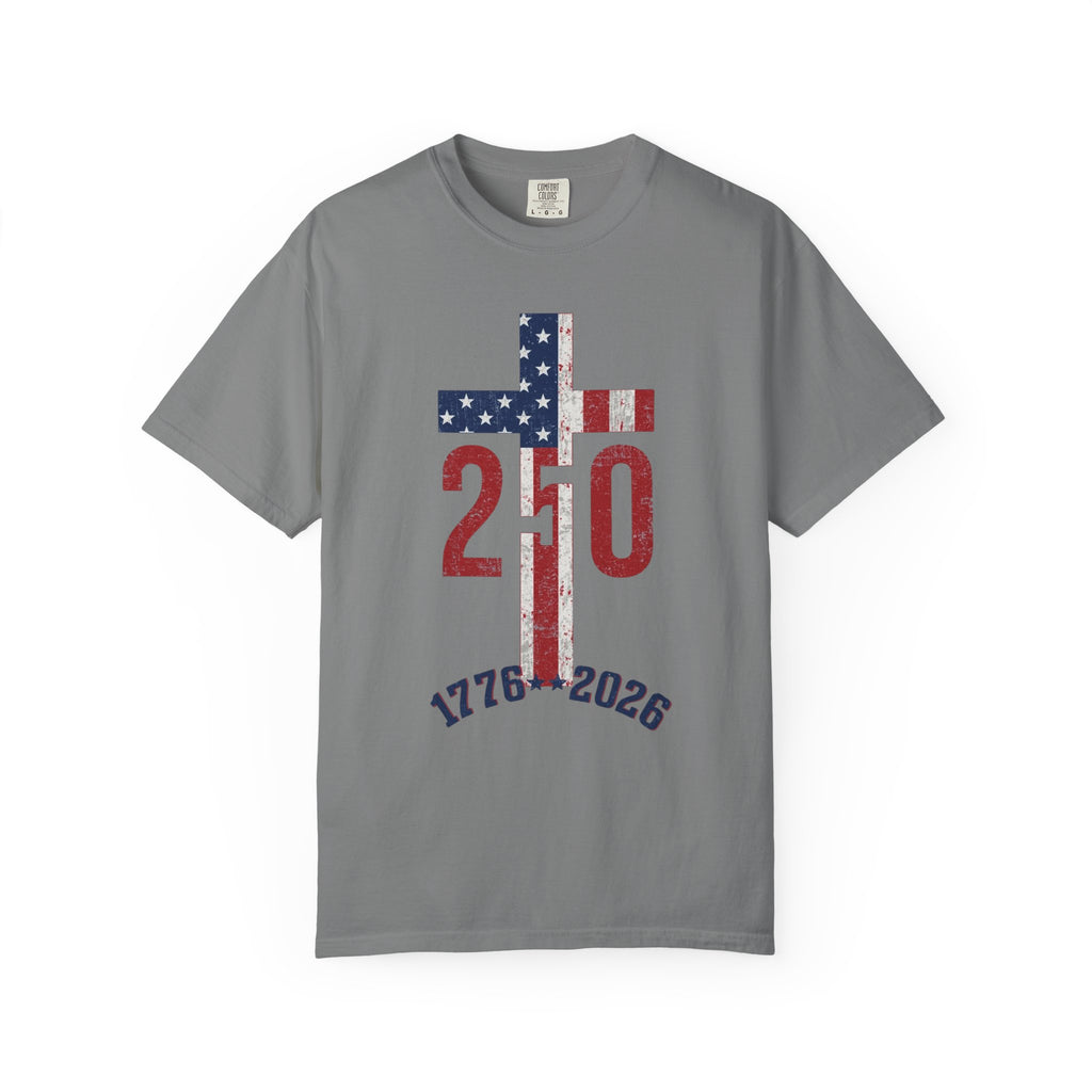 250th Anniversary Patriotic T-Shirt — 1776–2026 American Flag Cross Design