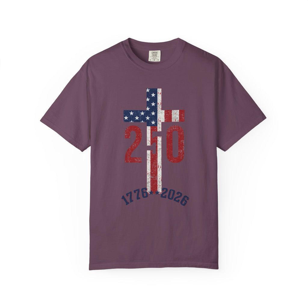 250th Anniversary Patriotic T-Shirt — 1776–2026 American Flag Cross Design