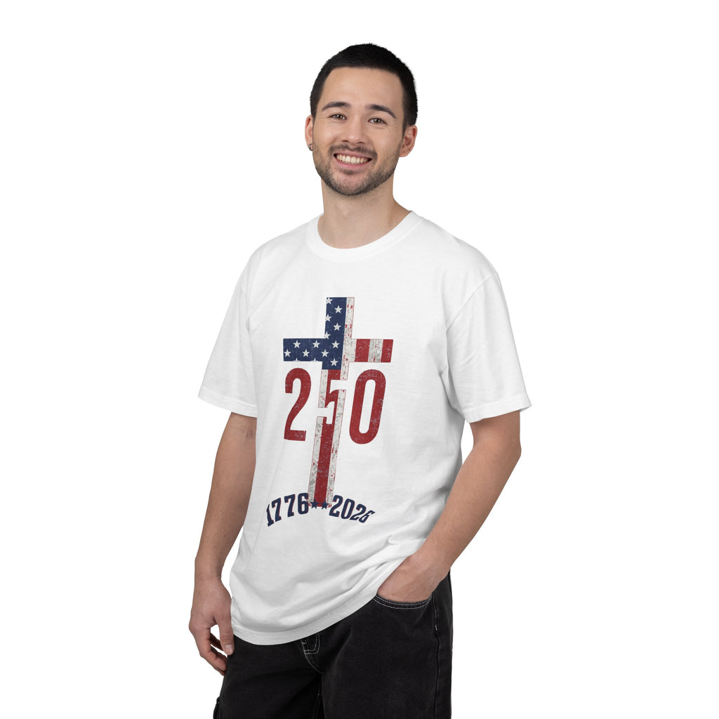 250th Anniversary Patriotic T-Shirt — 1776–2026 American Flag Cross Design