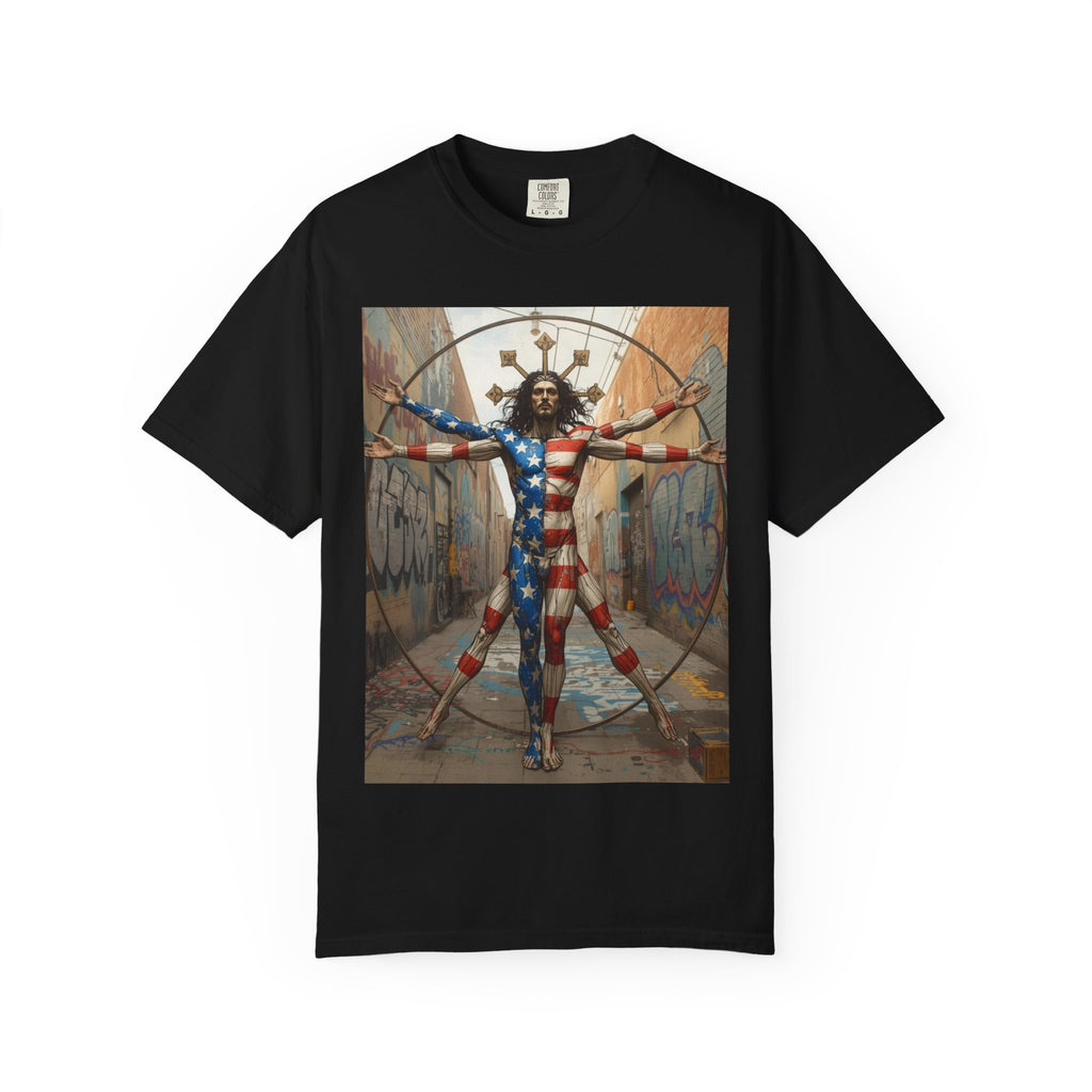Patriotic Vitruvian Man T-Shirt — American Super Hero Flag Art Tee