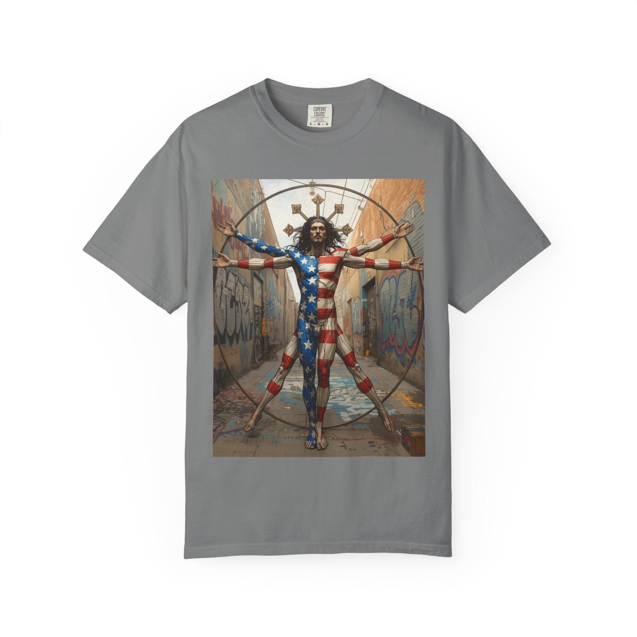 Patriotic Vitruvian Man T-Shirt — American Super Hero Flag Art Tee