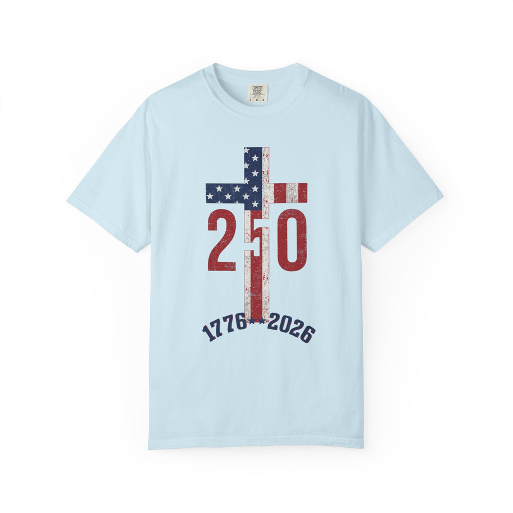 250th Anniversary Patriotic T-Shirt — 1776–2026 American Flag Cross Design