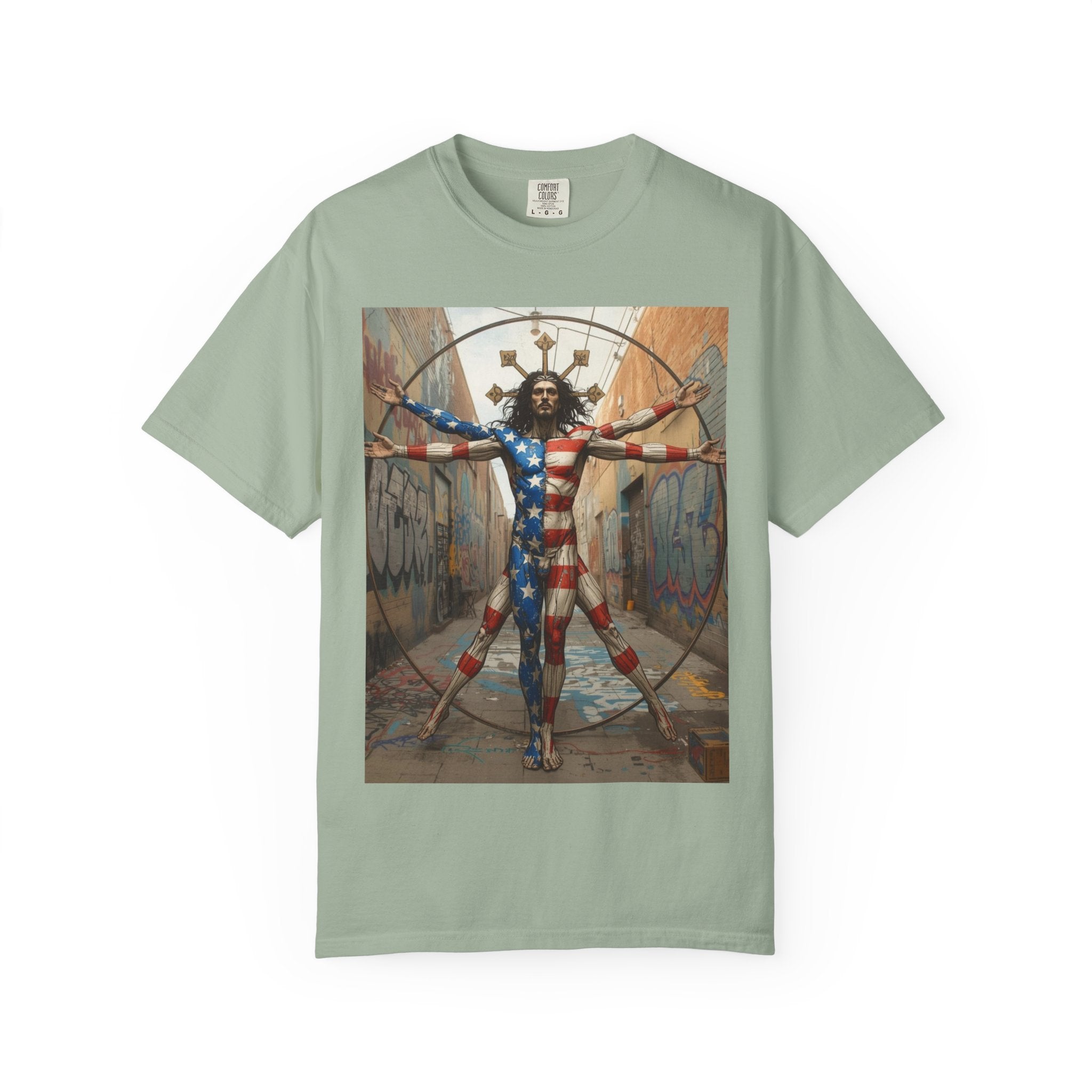 Patriotic Vitruvian Man T-Shirt — American Super Hero Flag Art Tee