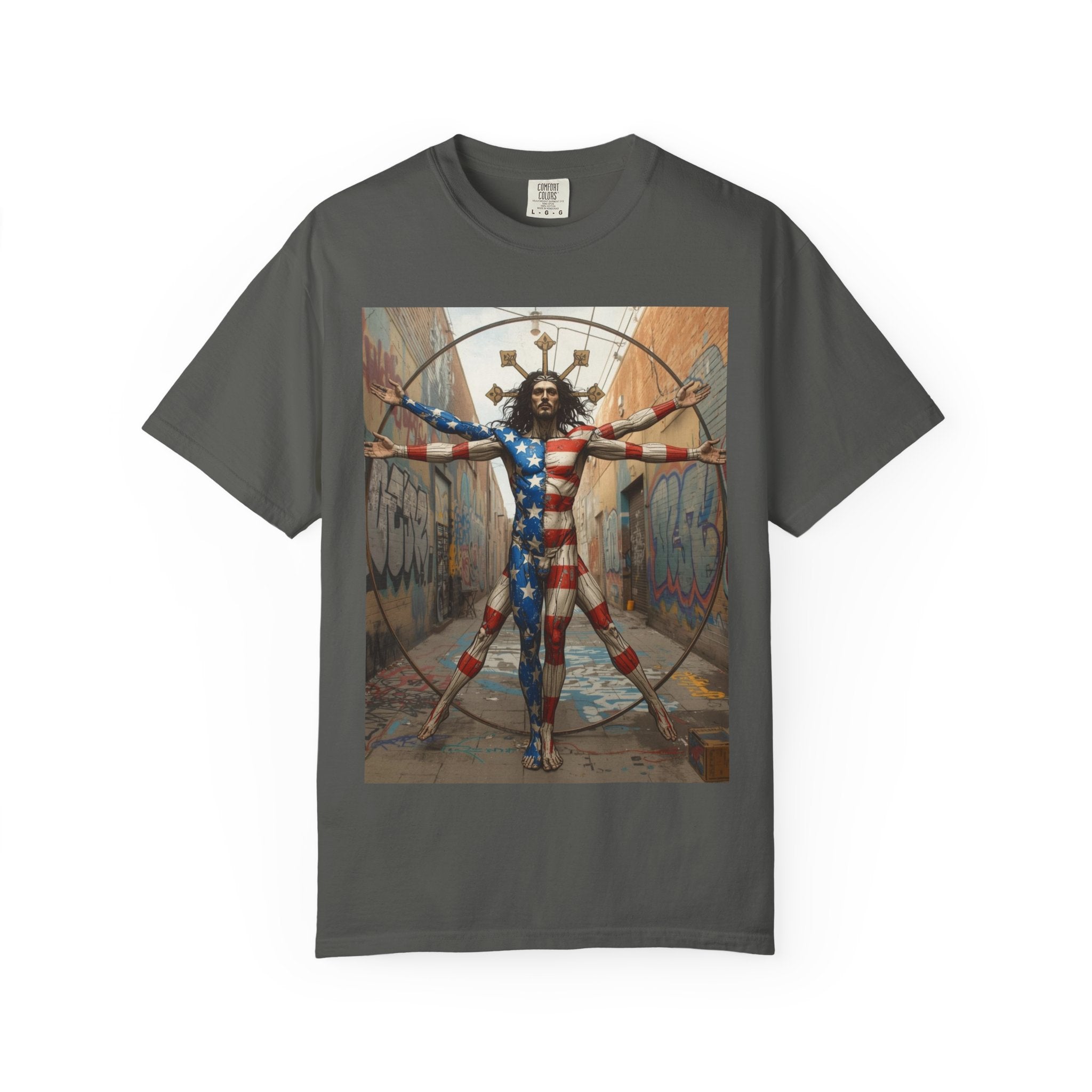 Patriotic Vitruvian Man T-Shirt — American Super Hero Flag Art Tee