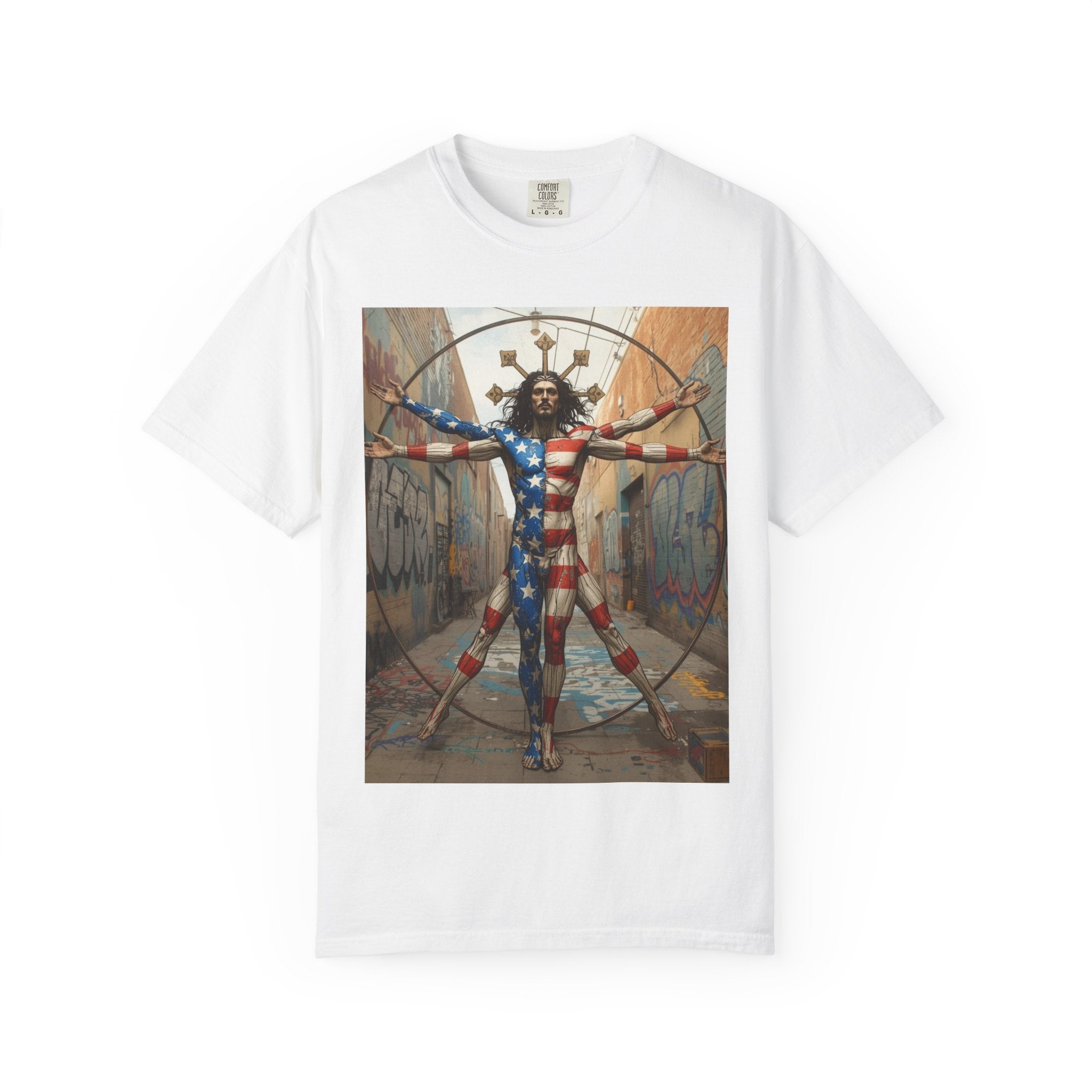 Patriotic Vitruvian Man T-Shirt — American Super Hero Flag Art Tee