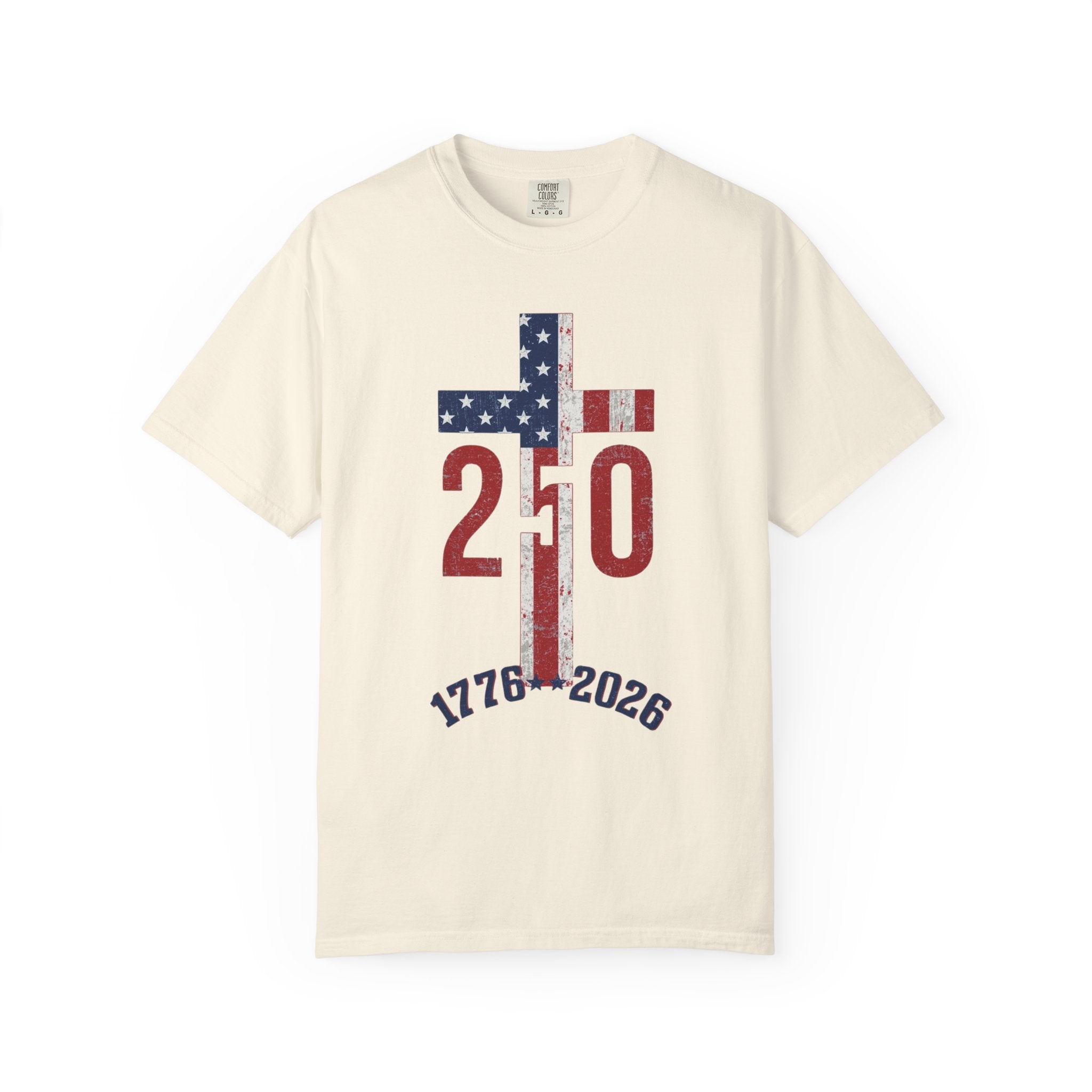 250th Anniversary Patriotic T-Shirt — 1776–2026 American Flag Cross Design