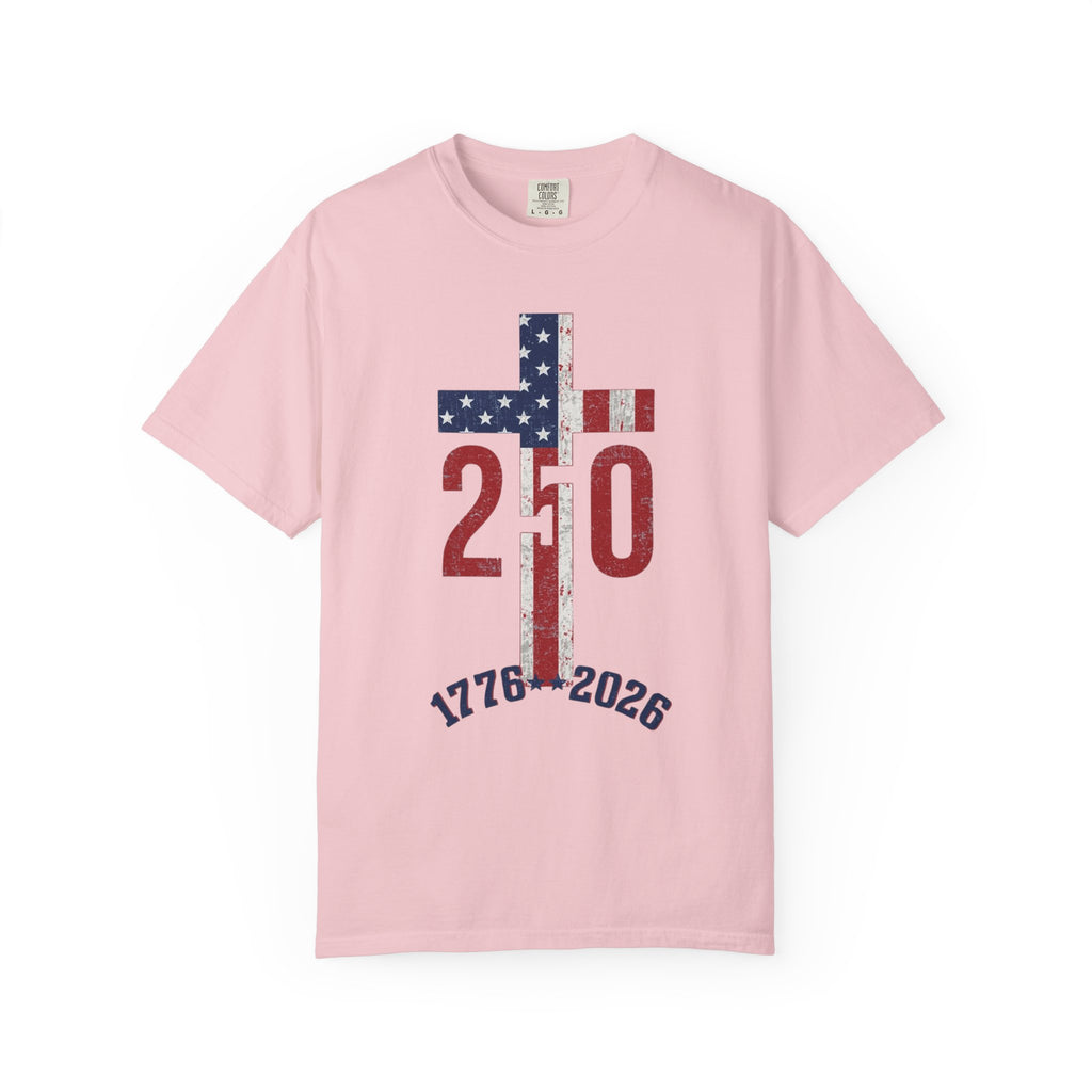 250th Anniversary Patriotic T-Shirt — 1776–2026 American Flag Cross Design