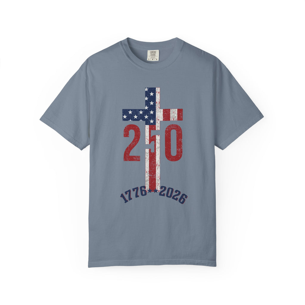 250th Anniversary Patriotic T-Shirt — 1776–2026 American Flag Cross Design