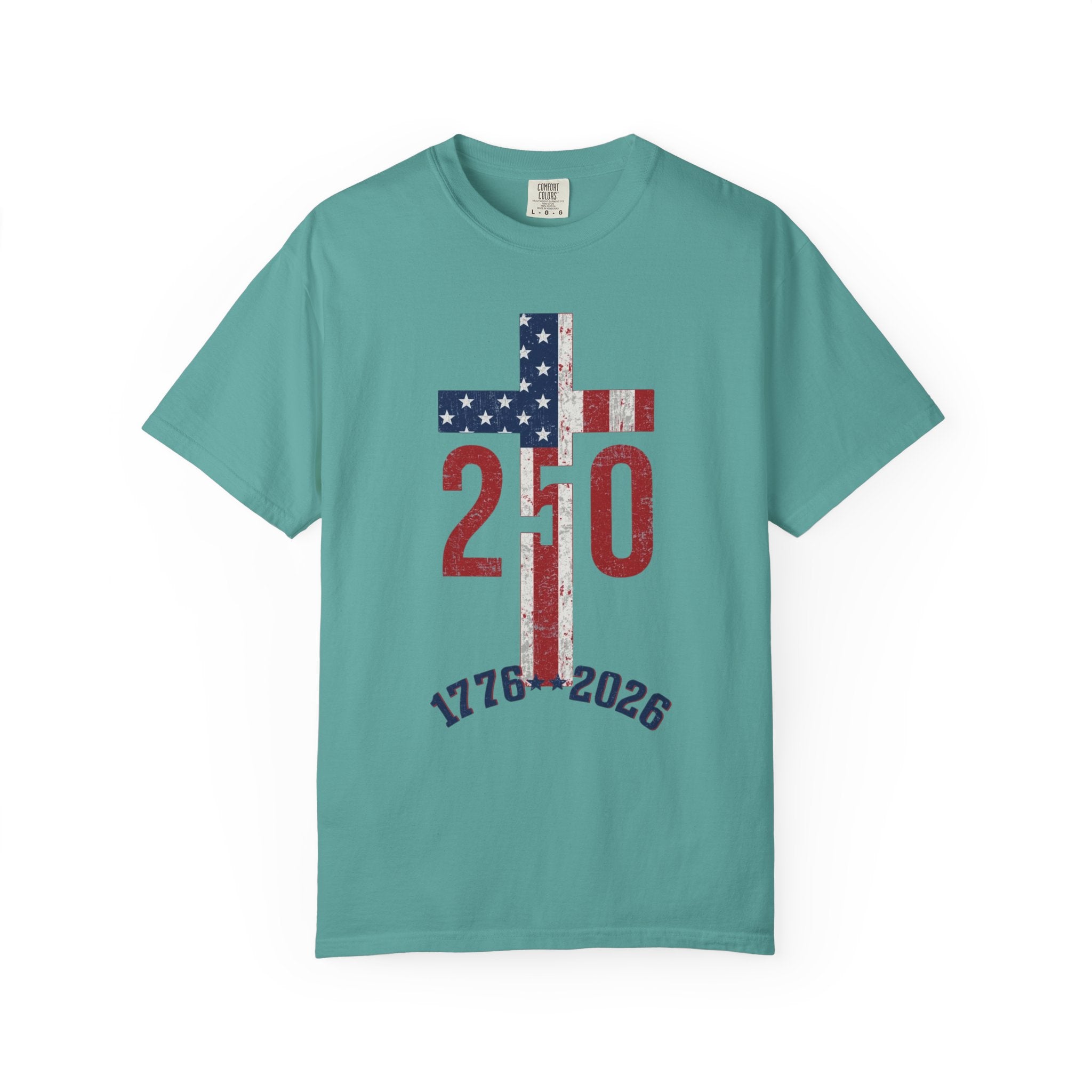 250th Anniversary Patriotic T-Shirt — 1776–2026 American Flag Cross Design