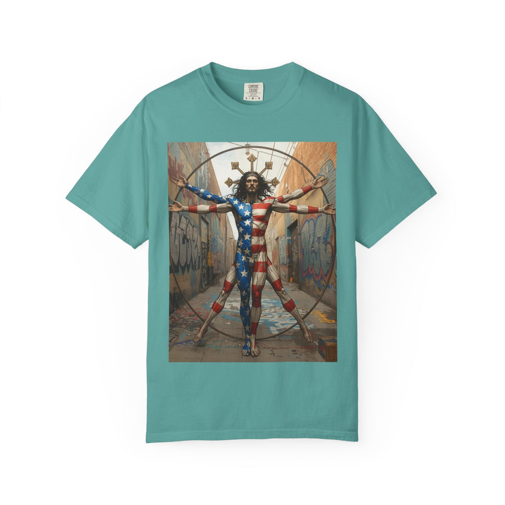 Patriotic Vitruvian Man T-Shirt — American Super Hero Flag Art Tee